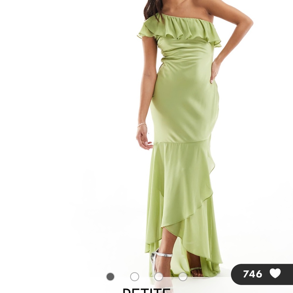 ASOS Petite Green One Shoulder Gown with Ruched Ruffles